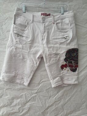 PREME 90’s Y2K White Distressed Men's Jean Shorts with Panther Patch